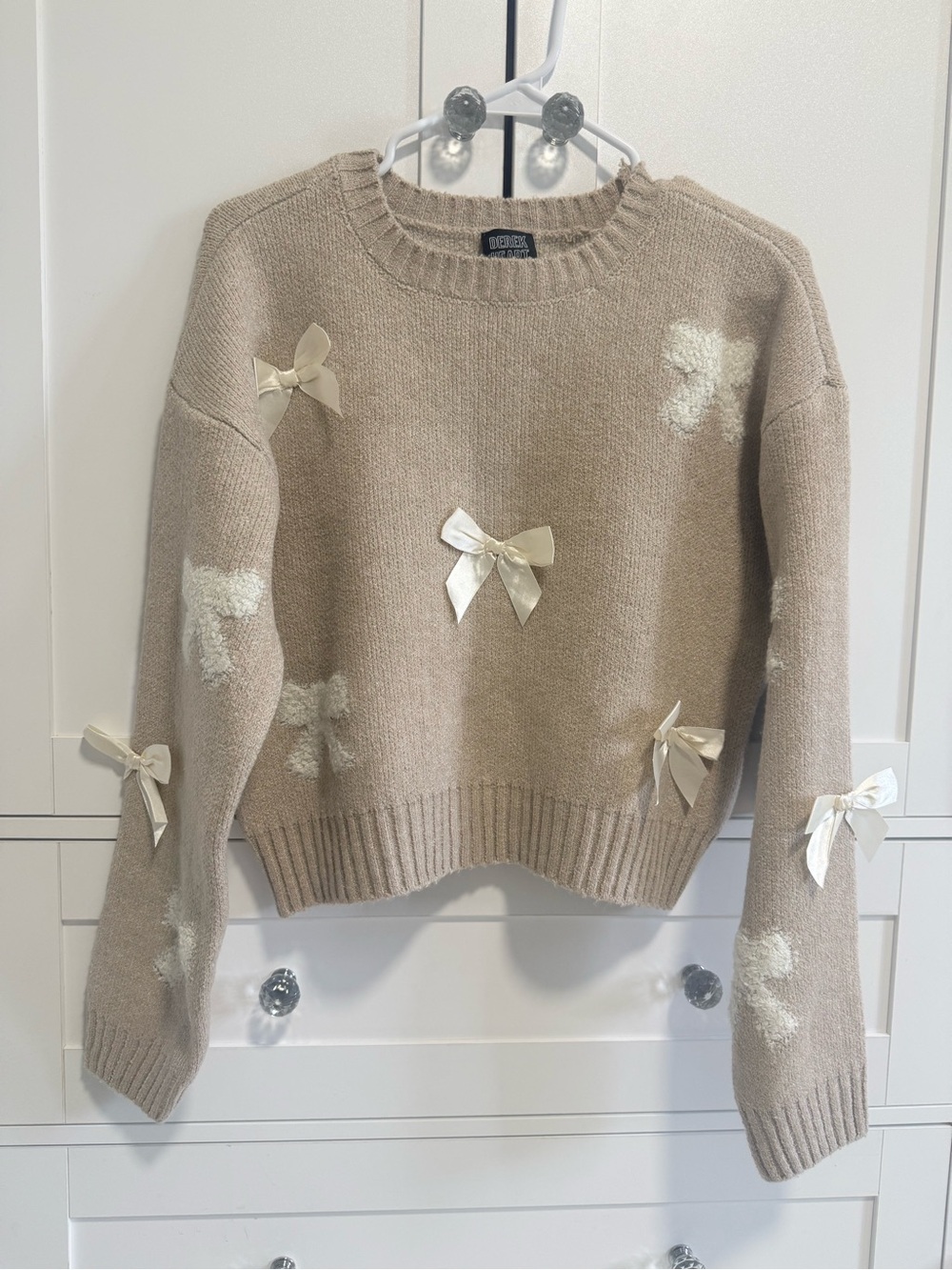 Bow Detail Knit Sweater Beige Cream Derek Heart Size L